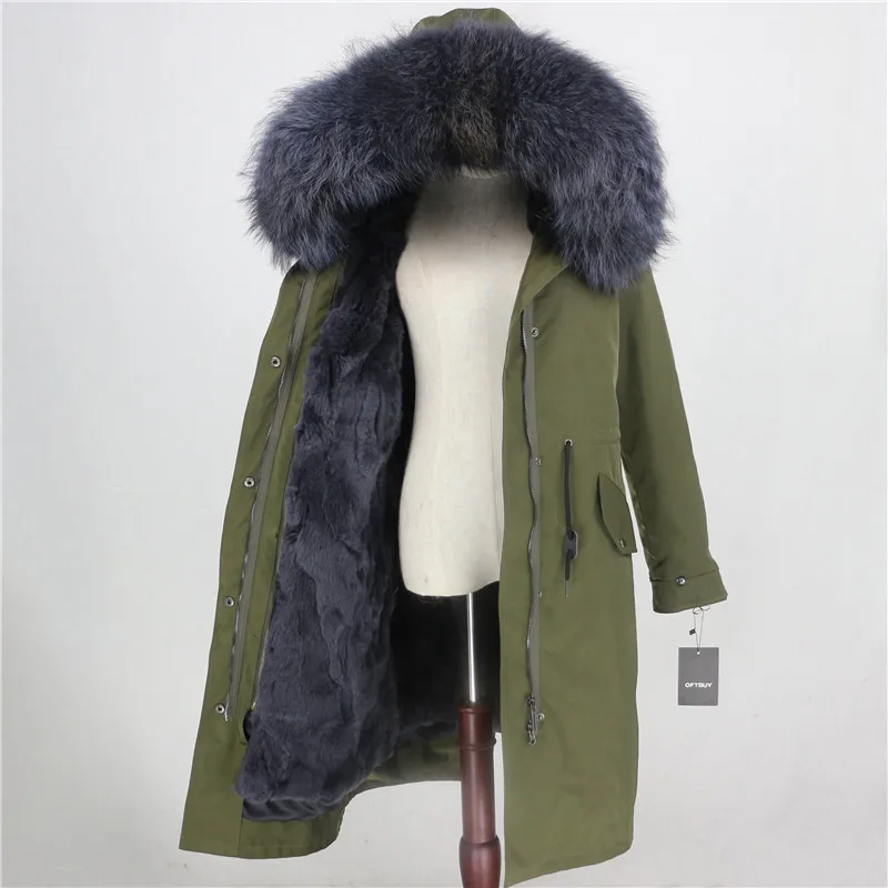 green grey OFTBUY водонепроницаемая верхняя одежда X-long Parka зимняя куртка женская шуба из натурального меха енота капюшон Подкладка из натурального кроличьего меха - Цвет: green grey