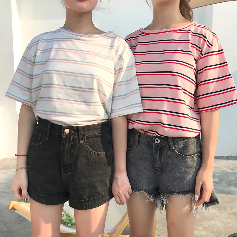 Kawaii/Розовая белая полосатая футболка для женщин Повседневная Винтажная девушек