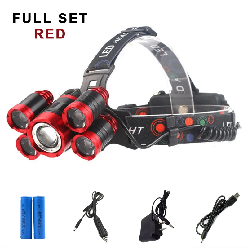 Full set RED Светодиодный налобный фонарь T6 5000лм, фонарь для рыбалки, фронтальная фара, водонепроницаемый, USB 18650, перезаряжаемый, масштабируемый, светодиодный фонарь - Испускаемый цвет: Full set RED