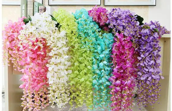 melhor 240 Pcs Flores Artificiais Videira Glicínias Rattan Simulação Flor Seqüência De Bracketplant Planta Decoração Da Parede De Casa Para O Casamento