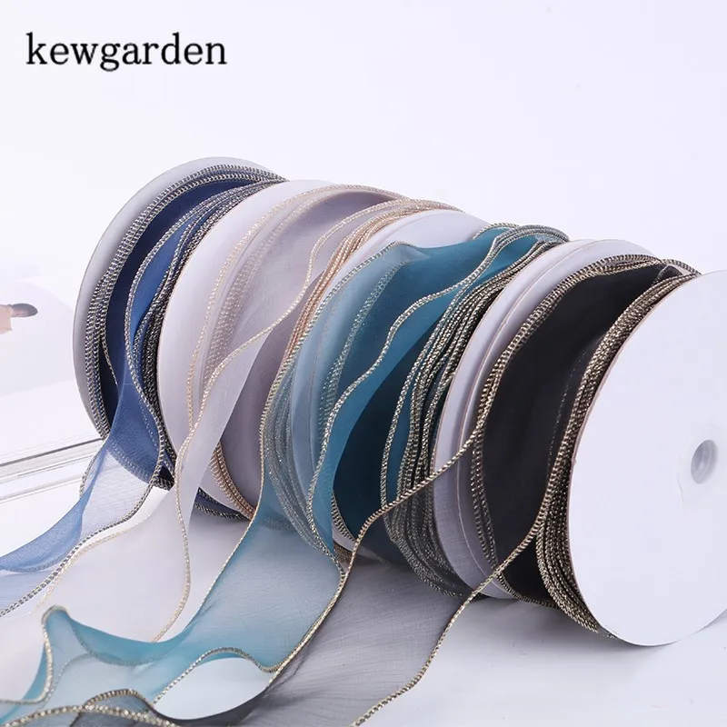 

Kewgarden Wholesale 2" 50mm Gold Edge Organza RibbonsHandmade Tape DIY Bowknot Voile Ribbon Accessories Riband 25 Yards