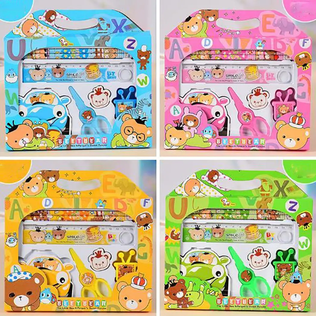 Детский стационарный набор липкий карандаш для записок точилка линейка синий