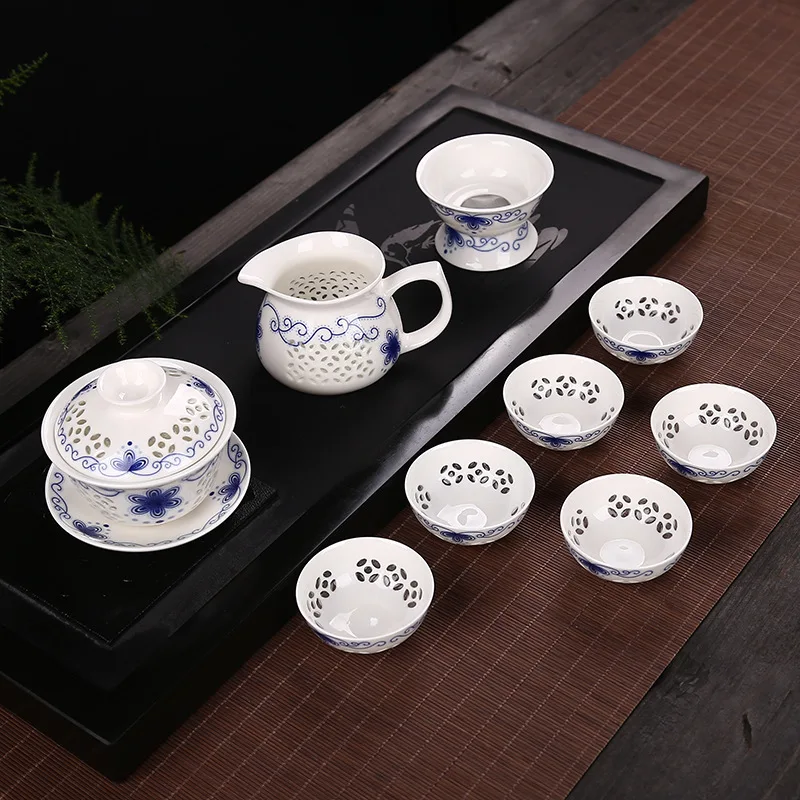 9 шт. сотовая фотокерамика синий и белый фарфор 1 * Gaiwan (чайник) + 6 чайные чашки