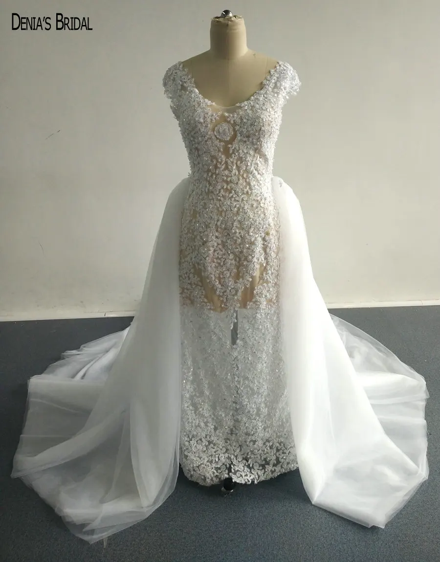 2017 Свадебные платья с аппликацией декольте бисером длина до пола со съемным