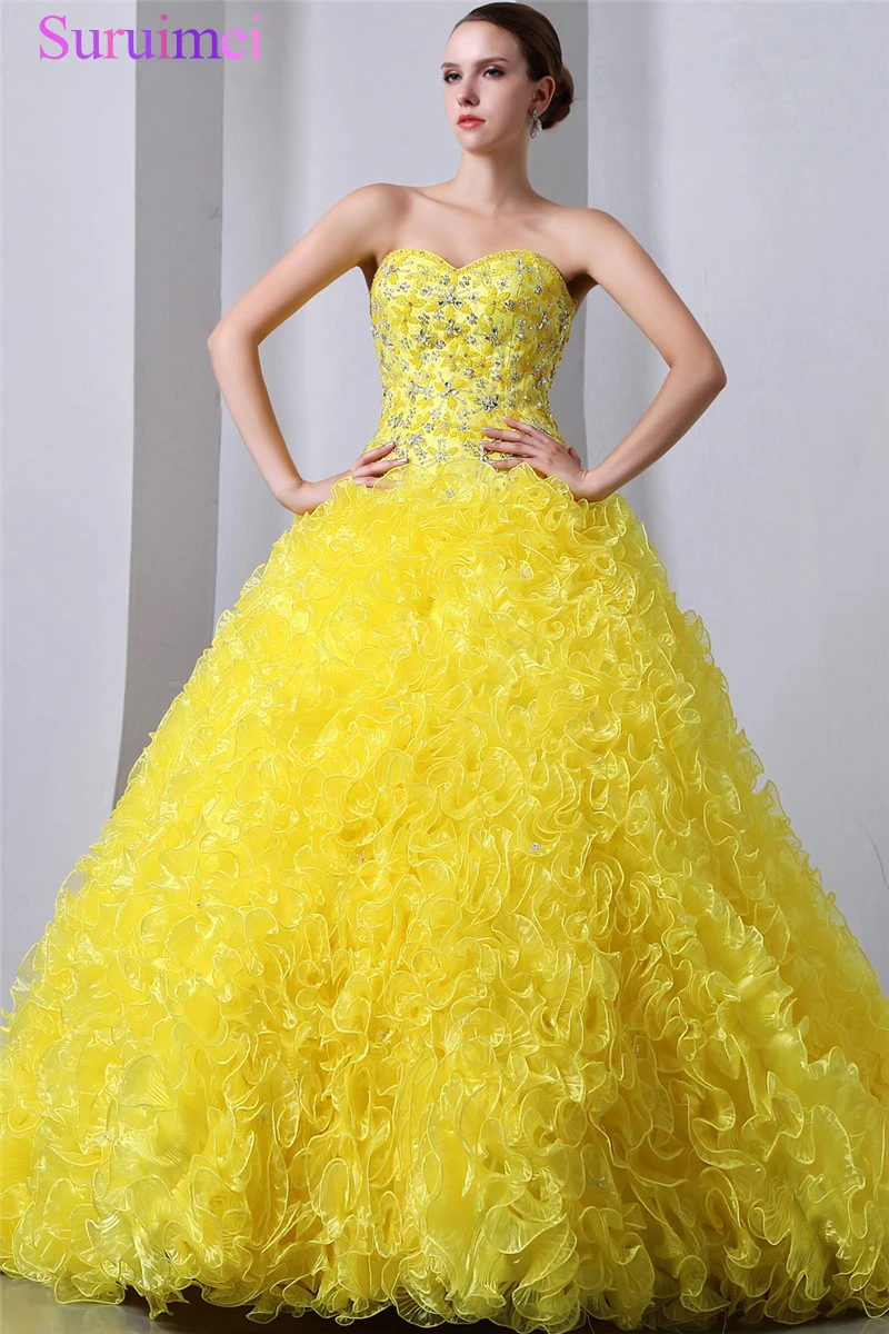 Желтый Quinceanera Платья Vestidos Де 15 Anos Дебютантка 2017 Sweet Sixteen Оборками Бальное платье