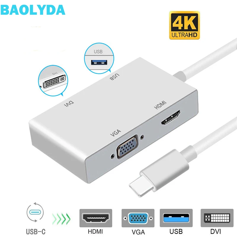 Baolyda USB-C концентратор usb type C к HDMI адаптер мульти видео DVI 4 VGA USB Thunderbolt 3 для MacBook Pro/Air |