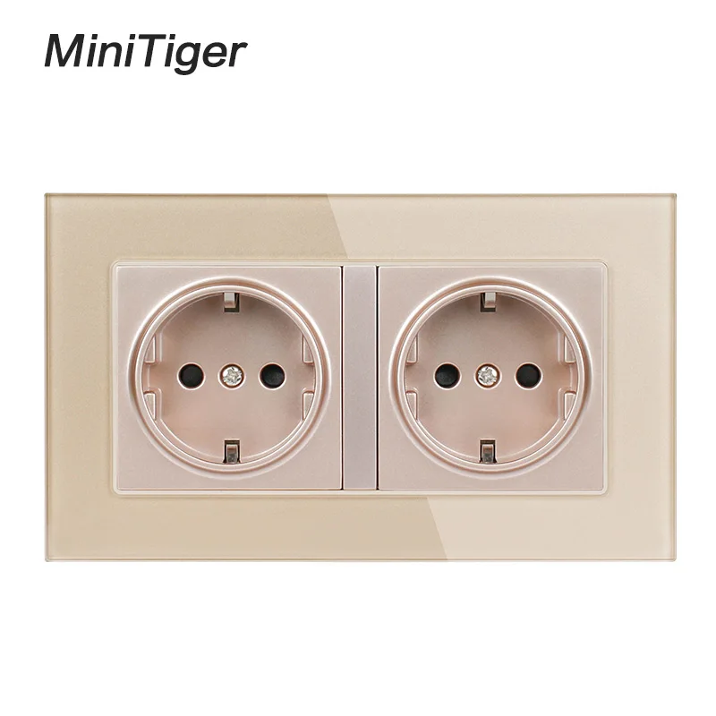 Gold Minitiger 16А двойная настенная розетка стандарта ЕС Хрустальная стеклянная панель розетка с заземлением с детской защитной дверью серый черный - Тип: Gold