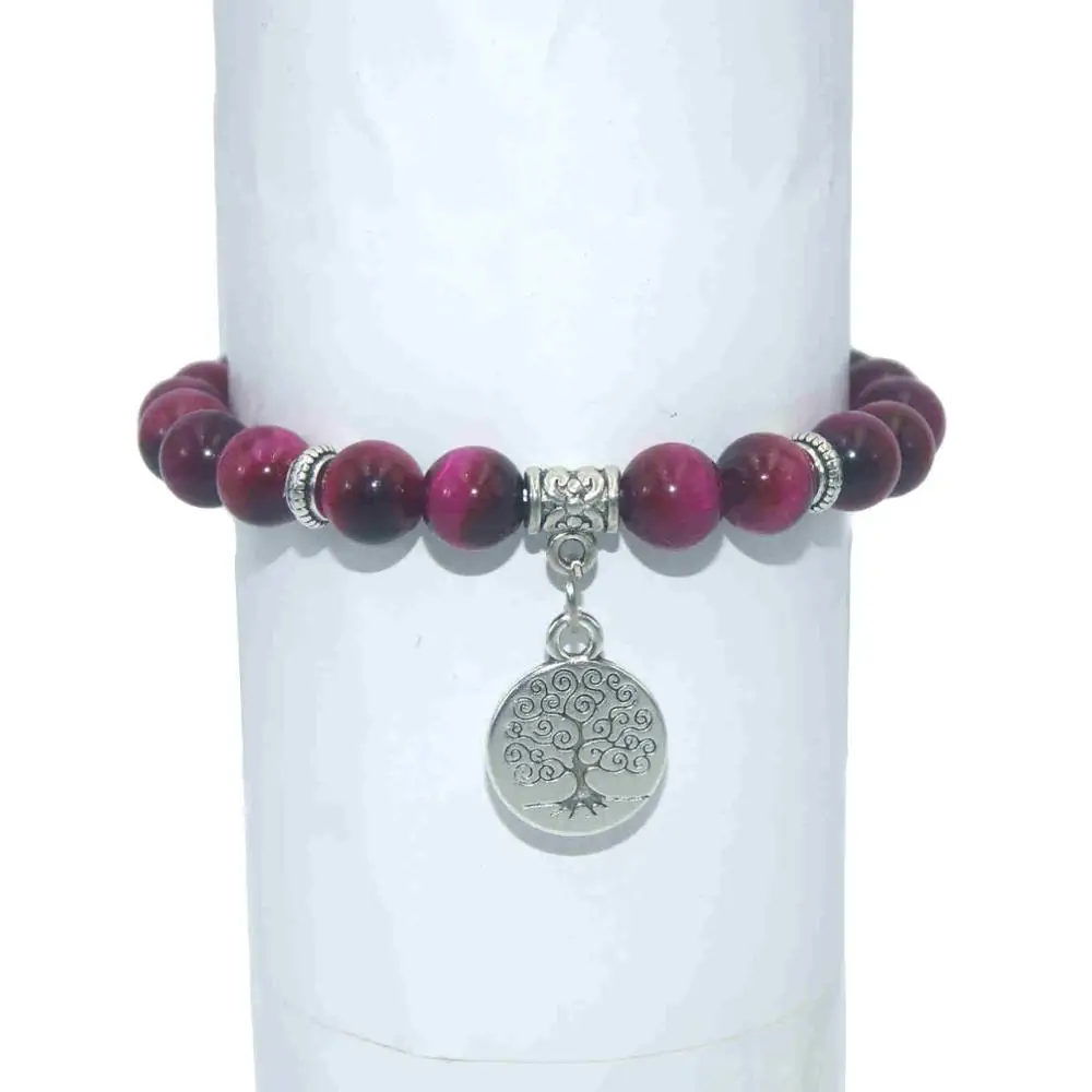 Rose red Tiger Eye Природный камень 8 мм Дерево жизни бусины лазурит тигровый глаз, Агаты мала бусины браслеты для женщин мужчин Йога браслет - Окраска металла: Rose red Tiger Eye