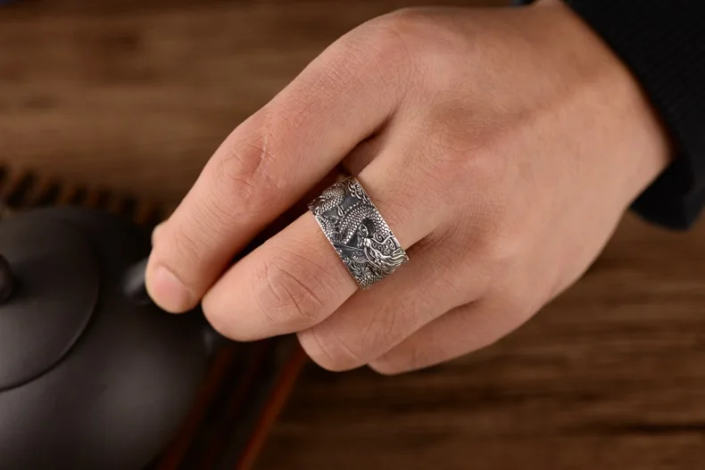 Мужские байкерские кольца Pure S999 из стерлингового серебра с летающим драконом