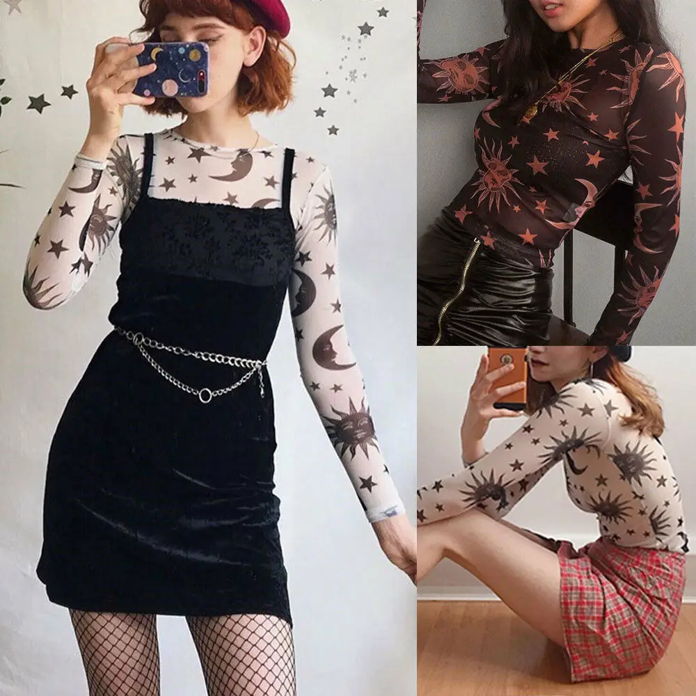 Женский прозрачный сетчатый топ модная футболка с длинными рукавами и круглым