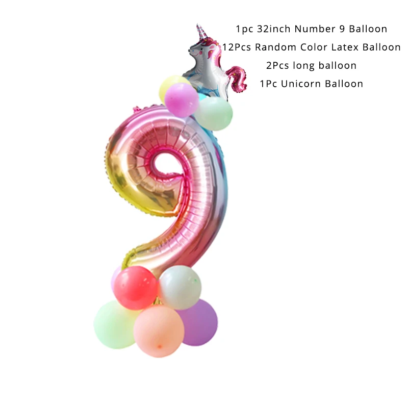 Number balloon Set 9 Cyuan Единорог День Рождения Декор бумажные кружки, тарелки, салфетки Торт Топперы Детские партии одноразовые наборы посуды для душа - Цвет: Number balloon Set 9
