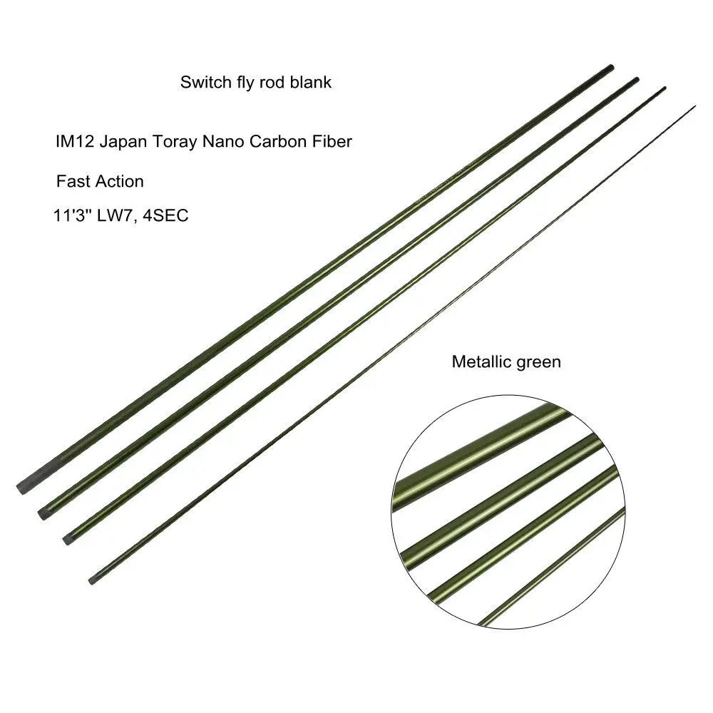 Aventik 11'3'' LW7 IM12 Nano Carbon Fiber Switch Fly Fishing Rod Blanks 4 Sections Fast Action Fly Rods Blank Metallic Green