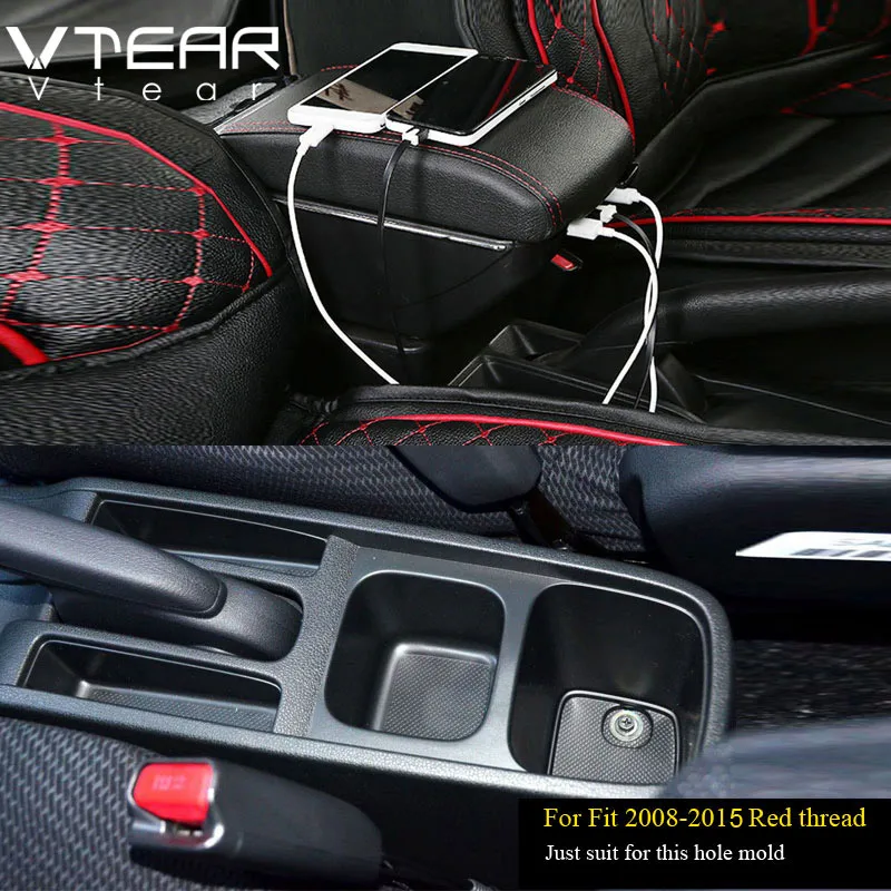 2008-2015 Red thread Vtear для Honda Fit Jazz подлокотник автомобильный-Стайлинг центральная консоль кожаный ящик для хранения украшения автомобильные аксессуары подлокотник для авто - Название цвета: 2008-2015 Red thread