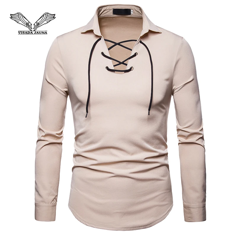

VISADA JAUNA 2019 Men's Lace Lapel Large Size Middle Ages Long Sleeve Shirt Solid Color Casual Shirt Size S-2XL TLH60
