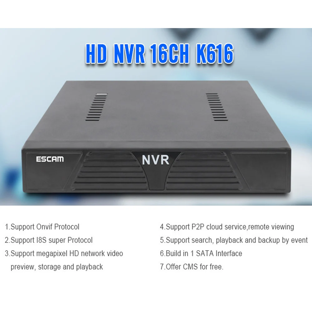 ESCAM K616 сетевой видеорегистратор 16-канальный NVR 1080P HD H.265 Onvif жесткий диск рекордер