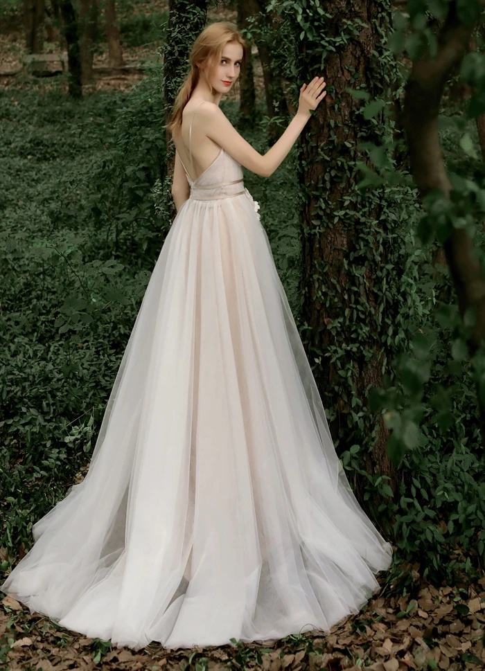 

Vestido novia boho new tulle sexy V neck Spaghetti Straps A Line champagne retro wedding dress long suknia slubna cheap