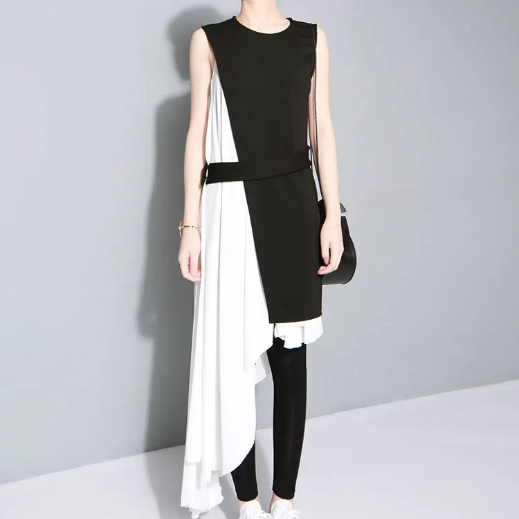 

Irregular Elegant Two Piece Dress Women White Slip Chiffon Dress+Black Sleeveless Waistcoat Lady Sets Contrast Color Sashes
