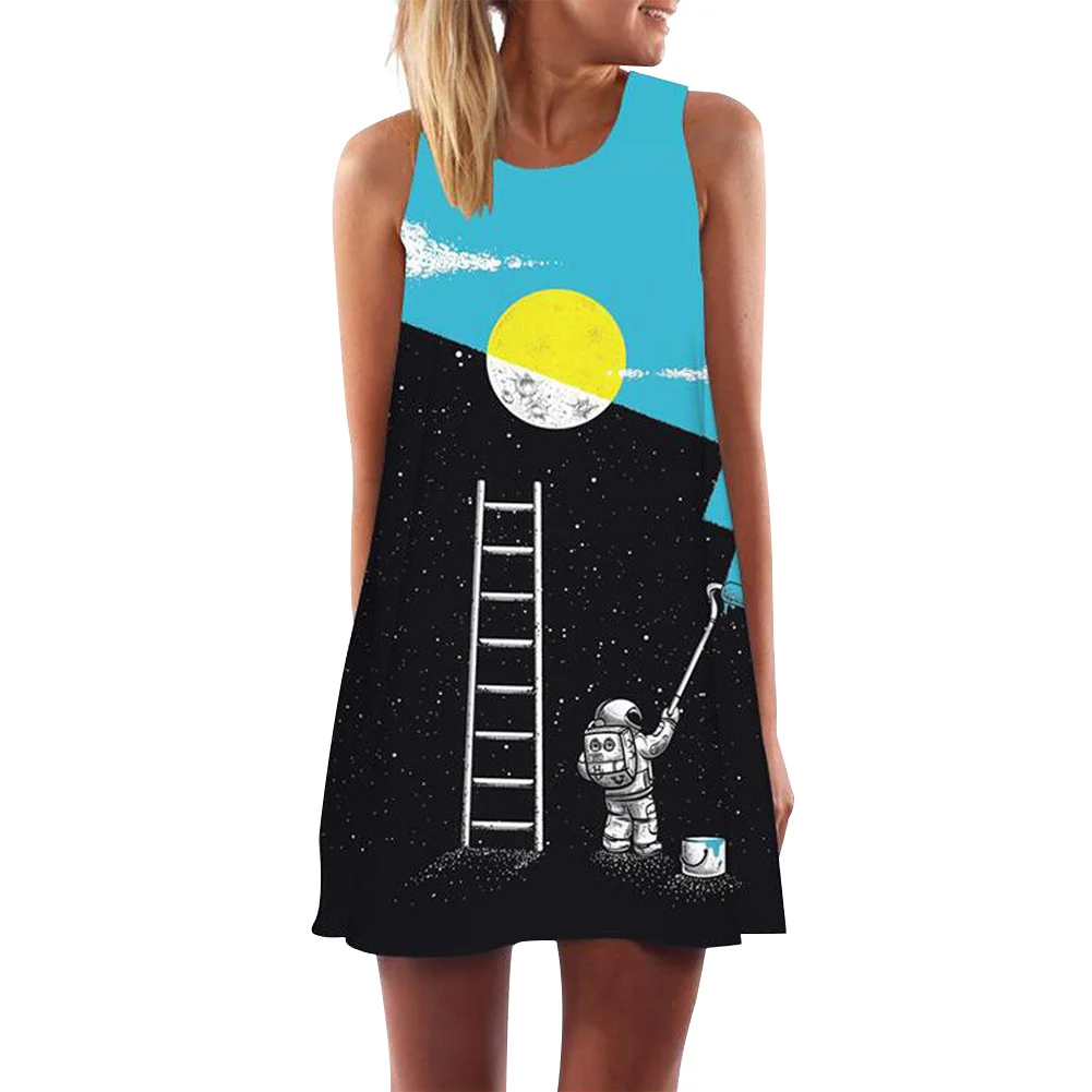 Fashion Sleeveless Light Weight Pullover Women Dress Beach Middle Waist Vacation Crew Neck Digital Printing Comfortable Summer | Женская