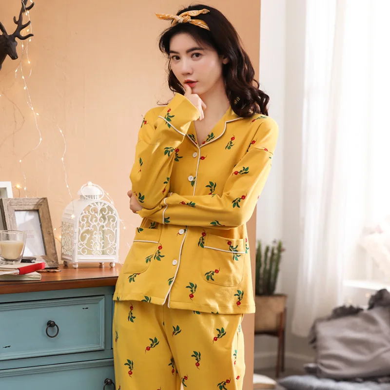 

Women spring and autumn new long sleeve pants casual cotton lapel comfortable breathable wearable pajama sets women pajamas set