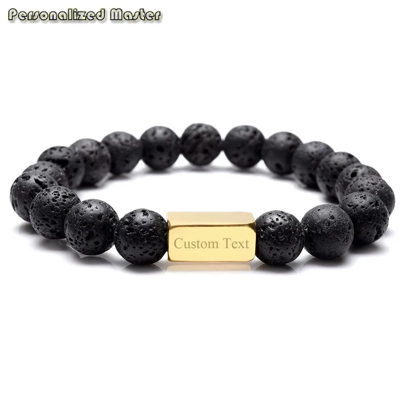 Lava Bead gold Персональный мастер текст Выгравированный Натуральный Камень Стрейч мужской браслет эластичный браслет подарок DIY для бойфренда отца - Окраска металла: Lava Bead gold