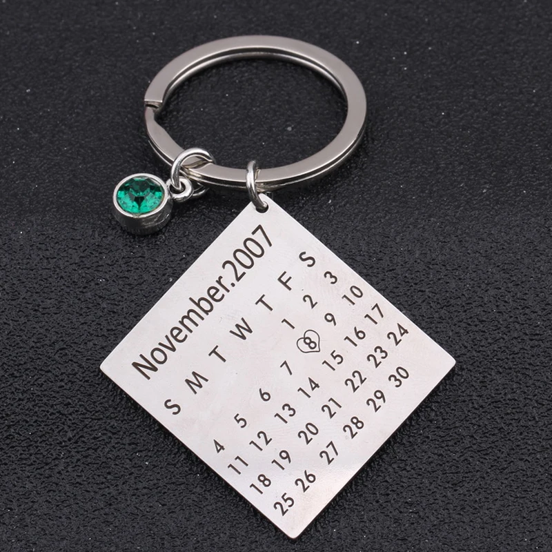 Custom Keychain Engraved Highlighted with Heart Date Birth Stone Choose Keepsake Calendar Pendant Souvenir Key Holder | Украшения и