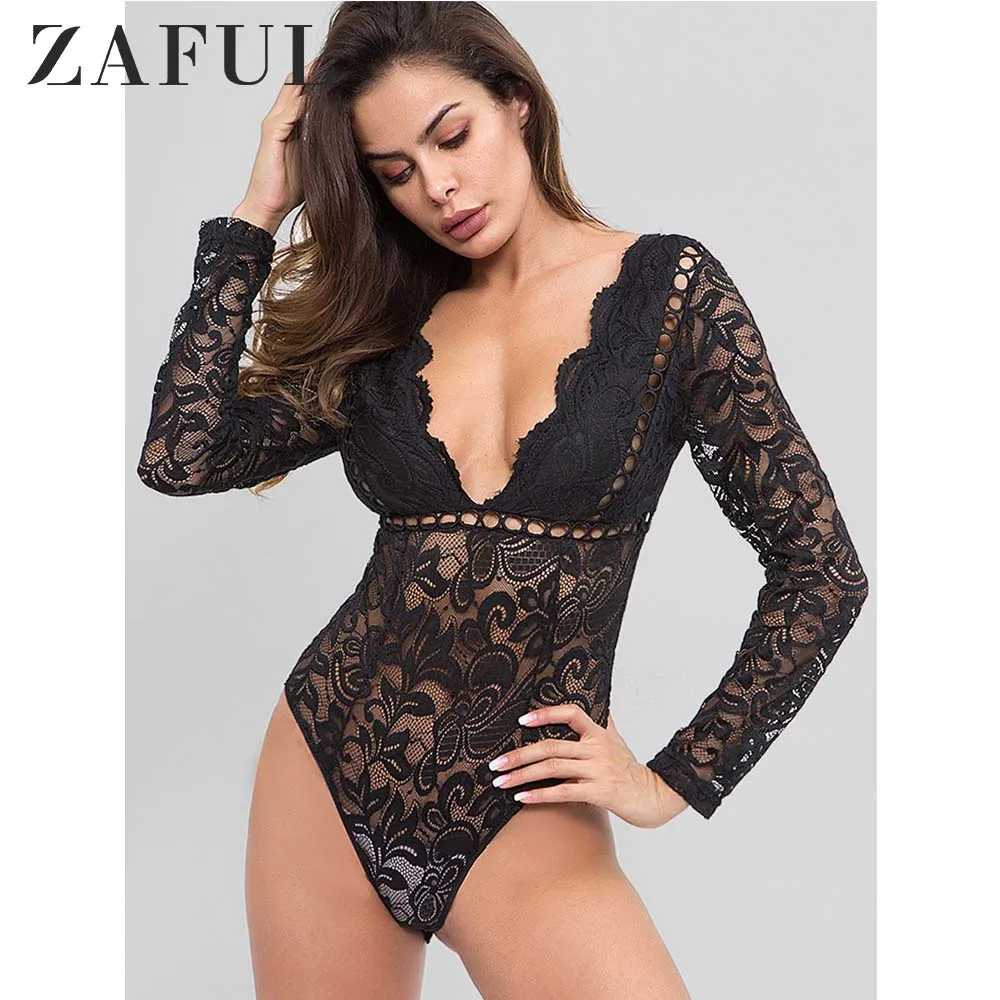 ZAFUL Прозрачные кружевные боди женщины сексуальные глубокие v-образным вырезом с