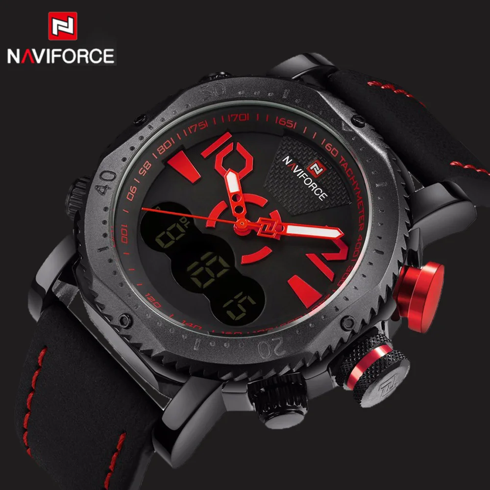 NAVIFORCE брендовые водонепроницаемые мужские кожаные спортивные военные часы с двойным временем Кварцевые аналоговые наручные часы Мужские часы Relogio Masculino