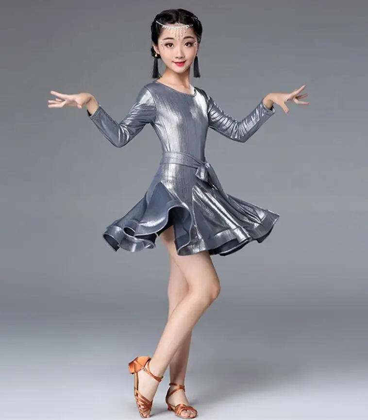 Платье для латинских танцев девочек с длинным рукавом кружевное стандартное