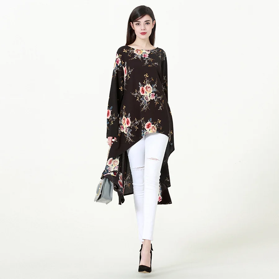 2019 женские мусульманские длинные топы с круглым вырезом длинным рукавом Плюс