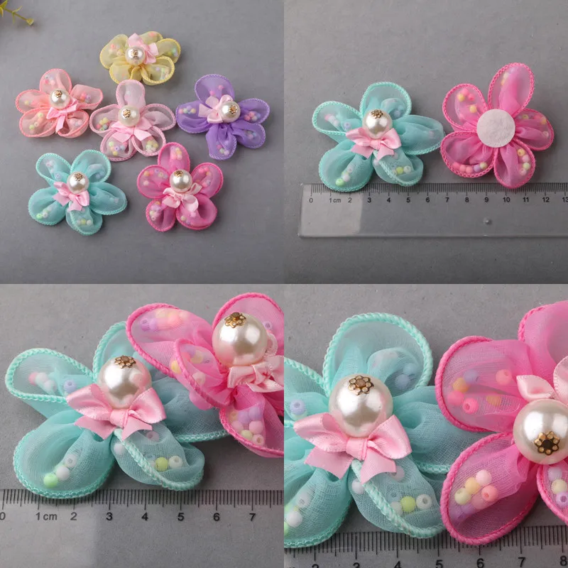 Бесплатная доставка 30 шт. круглые шифоновые цветы с жемчужинами и бусинами