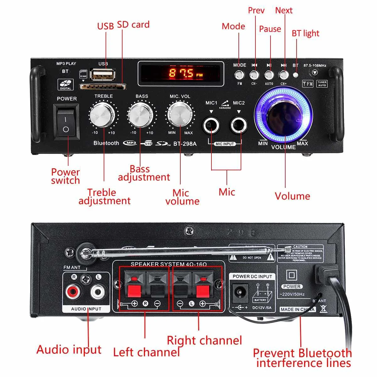 12 V/220 V BT-298A 2CH ЖК-дисплей Дисплей цифровой Hi-Fi стерео аудио кабель Мощность усилитель bluetooth FM радио автомобиля домой 600W с дистанционным управлением Управление