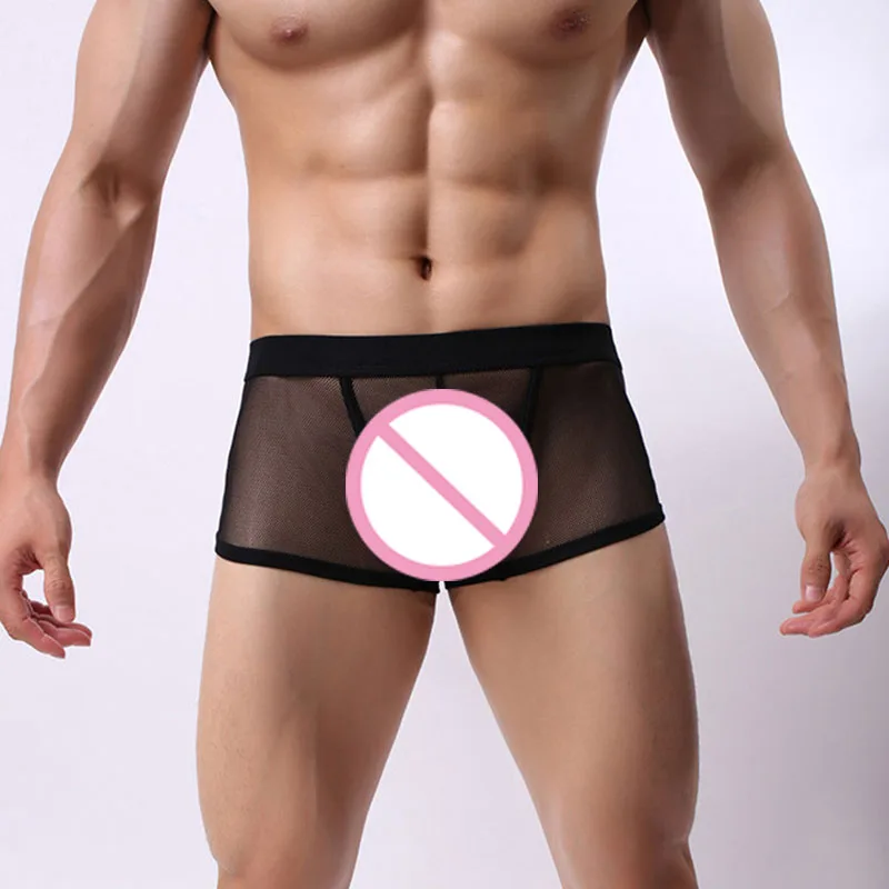 black Сетчатые трусы-боксеры, мужское Прозрачное нижнее белье, Cueca, сексуальные боксеры, шорты, нижнее белье, трусы, удобные трусы - Цвет: black