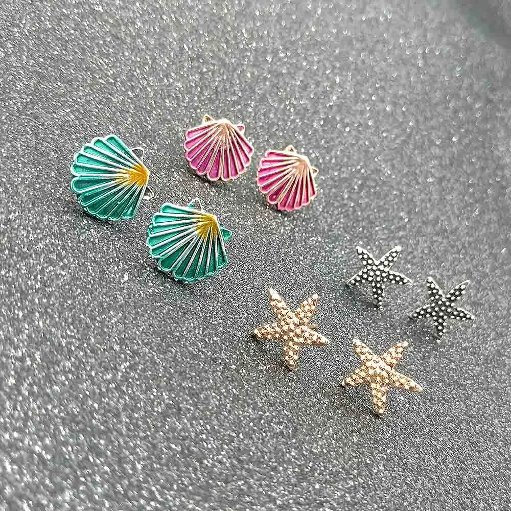 4 пары женские летние серьги в виде ракушек и морских звезд|Серьги-подвески| |