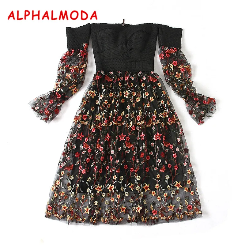 Женское платье без бретелек ALPHALMODA кружевное с длинными рукавами фонариками