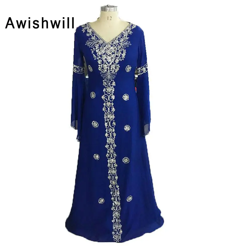 Шифоновое платье с V образным вырезом длинным рукавом и бусинами|evening gown dresses|arabic