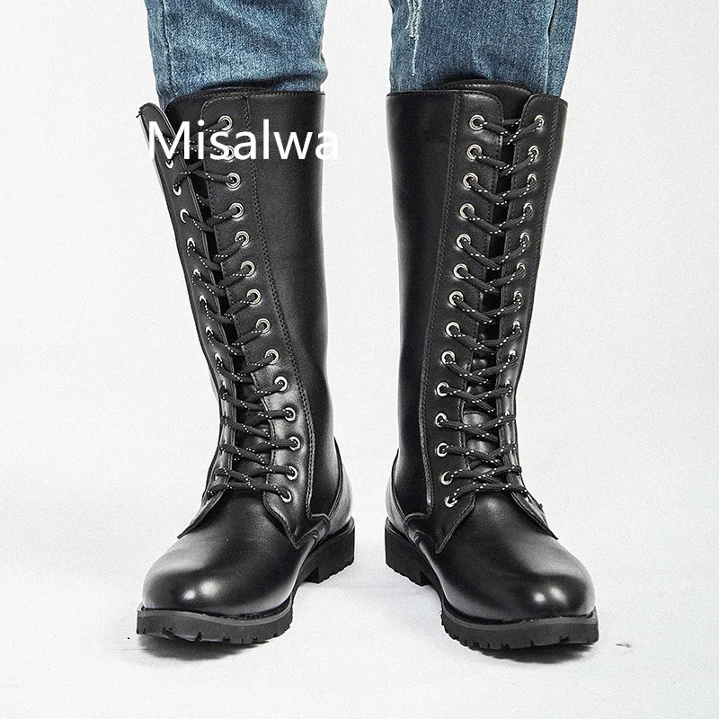 Misalwa/мотоциклетные ботинки; мужские военные ботинки до середины икры на шнуровке; дизайнерские черные кожаные ботинки; сезон весна; большие размеры 38-45