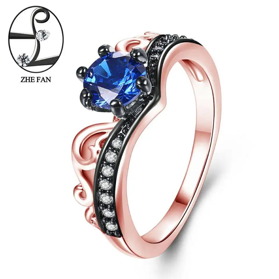 ZHE FAN Blue Engagement Rings Women AAA Cubic Zirconia Love Jewelry Black Rose Gold Color 2 Tone Plate Christmas Gifts | Украшения и