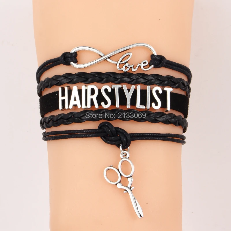 Прямая поставка, бесконечность любовь HAIRSTYLIST браслеты и браслеты Ножницы Шарм плетеный кожаный браслет обертывание ювелирные изделия для барберов