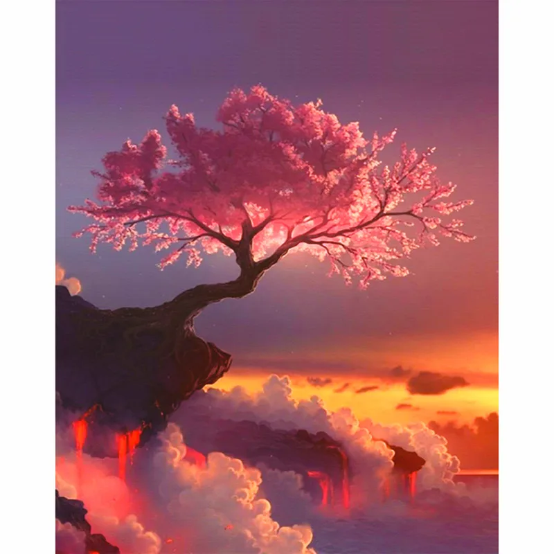 

Full Drill Diamand Painting Cherry Tree DIY Diamond Painting Scenic Mosaic Embroidery Cross Stitch Needlework Kit Home Decor