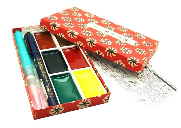 Маленький красный подарочный набор Kuretake 6 цветов в палитре + тонкая кисточка