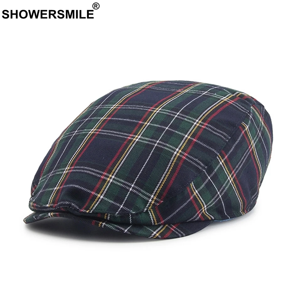 SHOWERSMILE клетчатый берет для мужчин, зеленая, темно-синяя клетчатая плоская кепка s, мужские британские винтажные береты, Кепка цвета хаки, весенне-Летняя женская кепка для водителя, плюща