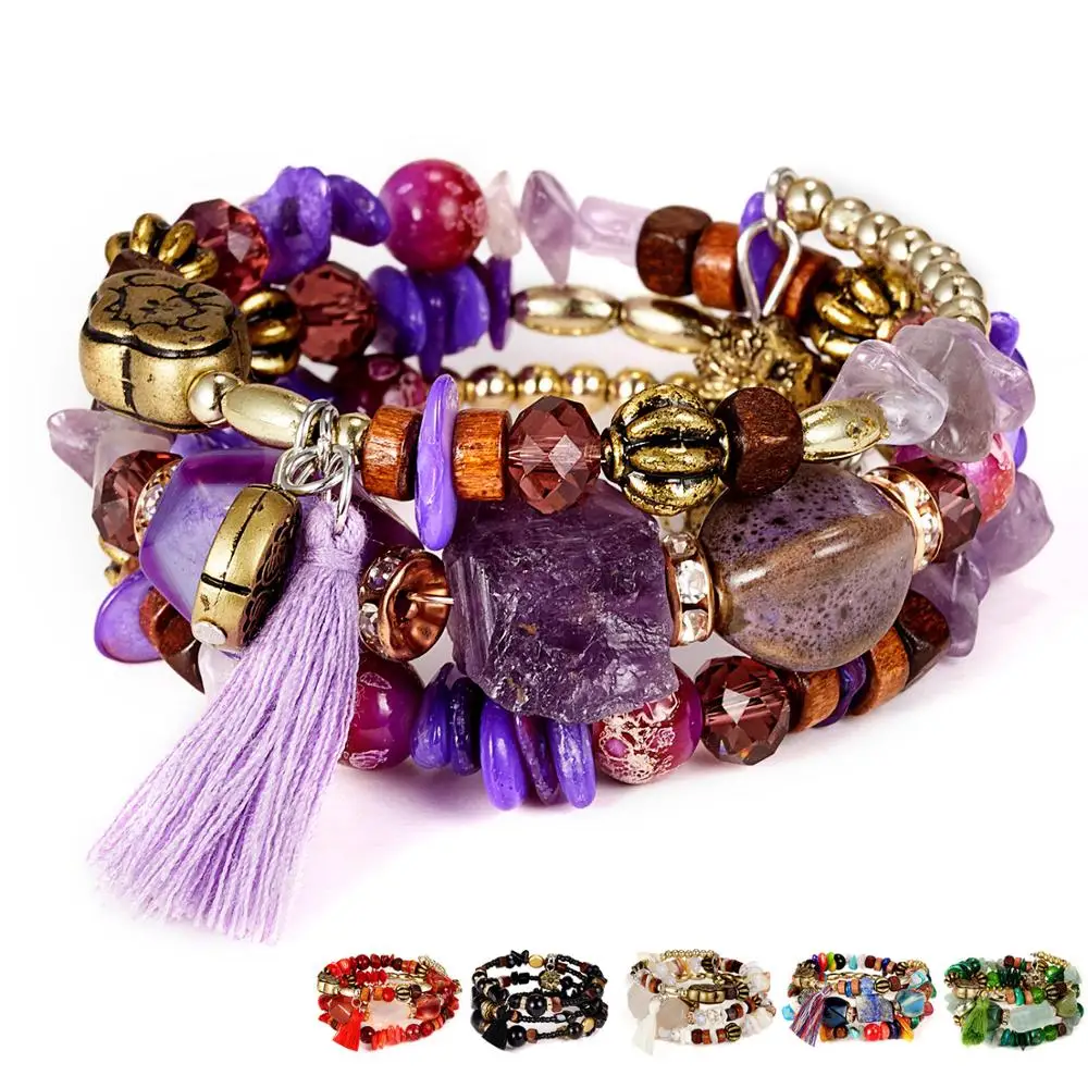 Браслет DoreenBeads многослойный из натурального камня с кисточками многоцветные