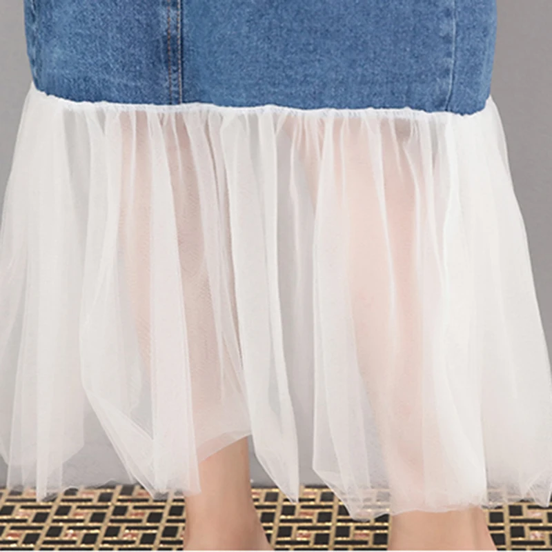 Индивидуальные Женские джинсовые юбки на бретелях летние 2018 Лоскутные сетчатые