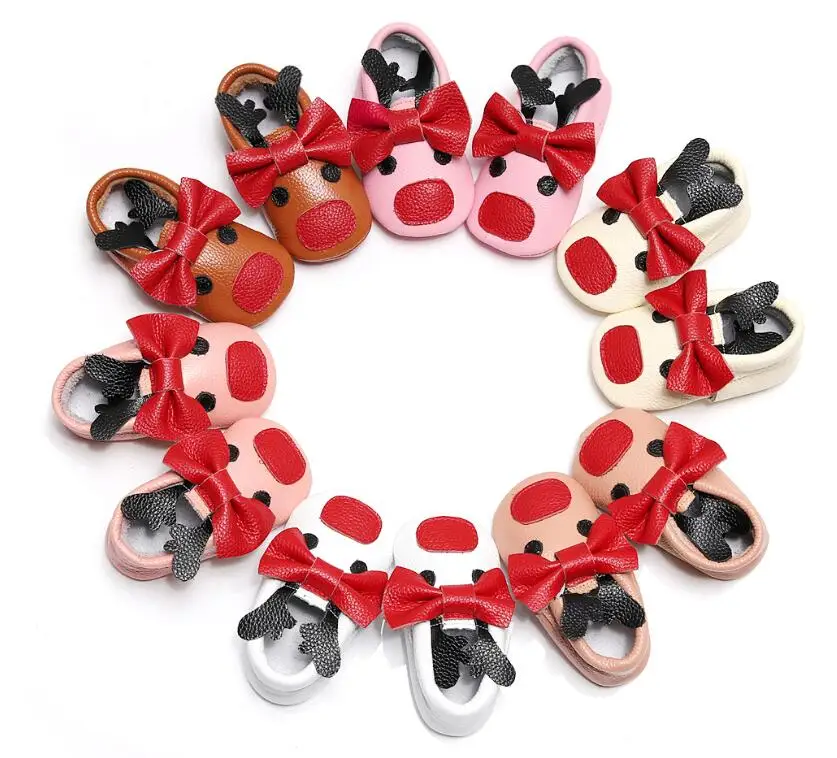 

2019 Christmas gift Genuin leather reindeer baby moccasin soft sole infant baby boot cute red bow style First Walker Shoes