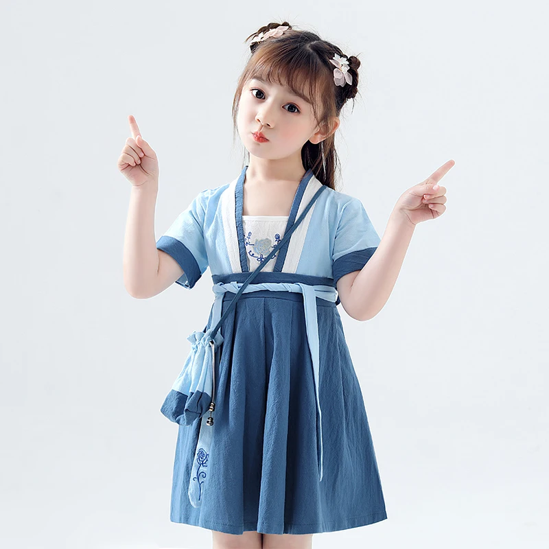 Chinese Style Blue Folk Dance Costume Kids Hanfu Clothes Girls Ancient And Traditional Tang Suit Wear DQL477 | Тематическая одежда