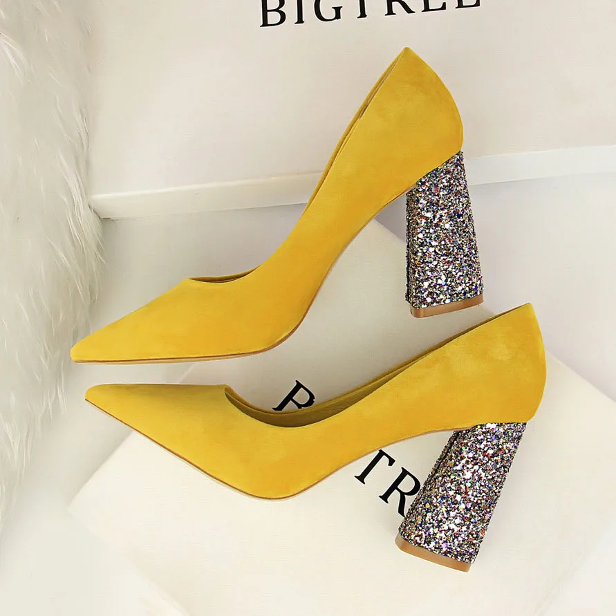 Yellow 8.5CM BIGTREE/Женская обувь; коллекция года; летние туфли-лодочки на высоком каблуке; блестящие туфли на квадратном каблуке с блестками; пикантные модные свадебные женские туфли; scarpe donna tacco - Цвет: Yellow 8.5CM