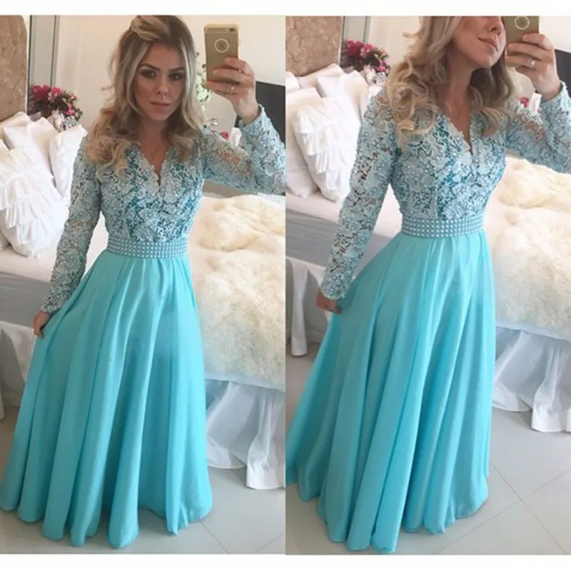 Элегантный Abendkleid Длинные Рукава V-образным Вырезом Кружева Шифон Светло-Синий Пром Платья Бирюзовый A-Line Вечернее Платье Длинное Платье