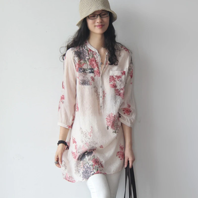 Блузка женская летняя из хлопка и льна с рукавом три четверти|Блузки| |