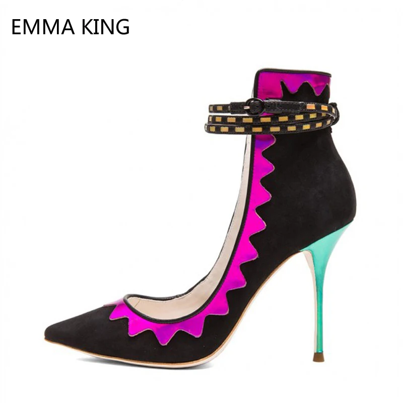 Женские туфли гладиаторы черные из флока с острым носком на шпильке ремешком