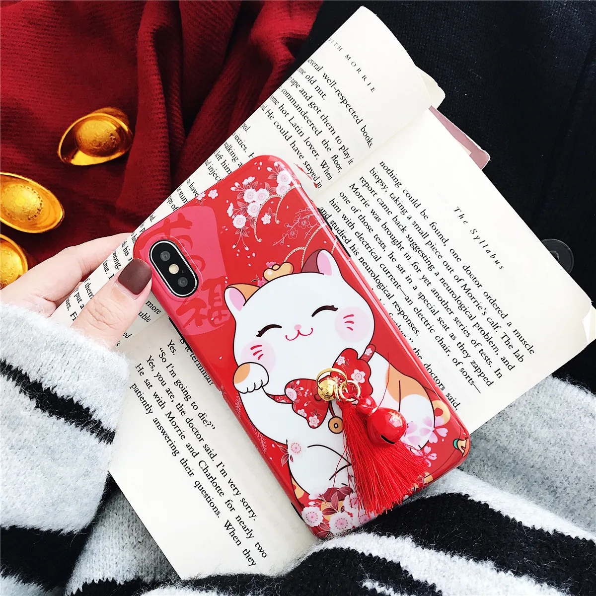 Applicable for iPhone Phone Case 6 Cute Kawaii Lucky Cat and Pendant Rope Soft TPU Back Cover cute animal |